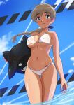  1girl bikini blue_eyes blush braid breasts brown_hair covered_nipples highres long_hair looking_at_viewer lynette_bishop medium_breasts navel open_mouth shiny shiny_hair shiny_skin silhouette_demon single_braid smile solo standing strike_witches swimsuit tan tricky_46 water wet white_bikini world_witches_series 