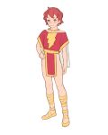  1other absurdres blush body_freckles closed_mouth contrapposto freckles gladiator_sandals hand_on_hip highres jewelry looking_at_viewer luimiart necklace pelvic_curtain red_eyes red_hair sandals shazam_(movie) simple_background smile standing tabard white_background 