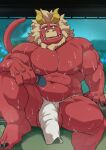  balls bodily_fluids bulge demon gardie_(otukimi) genitals hi_res humanoid male muscular muscular_humanoid muscular_male othukimi red_body red_skin solo sweat 