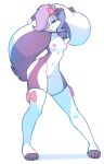 2018 anthro biped breasts choker clothing digital_media_(artwork) eyeshadow female fifi_la_fume fluffy fluffy_tail fur genitals hair hi_res jewelry legwear looking_at_viewer makeup mammal mephitid mostly_nude necklace nipples pink_nose purple_body purple_fur purple_hair pussy ribbons seductive shaded simple_background skunk smile solo standing stockings thigh_highs tiny_toon_adventures tsampikos warner_brothers white_background 
