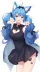  1girl 774_inc. :d ahoge animal_ear_fluff animal_ears armpits bare_shoulders black_dress blue_eyes blue_hair blue_jacket bow bowtie breasts cat_ears cleavage cleavage_cutout clothing_cutout cowboy_shot dress frilled_dress frills hair_ribbon hairband hands_up heart_cutout highres jacket leg_tattoo long_hair long_sleeves looking_at_viewer medium_breasts nishino_eri off_shoulder open_clothes open_jacket open_mouth paw_tattoo puffy_sleeves ribbon sidelocks sleeveless sleeveless_dress smile solo souya_ichika standing tattoo thighs twintails virtual_youtuber 