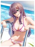  1girl :d absurdres bangs bare_arms bare_shoulders bikini breasts cen_(cenll) commentary_request grey_eyes grey_hair hair_between_eyes hair_ornament hairclip highres large_breasts long_hair looking_at_viewer navel open_mouth original pool sitting smile solo stomach swimsuit thighs very_long_hair white_bikini 