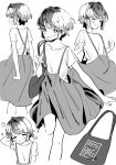  1girl bag clenched_hands closed_eyes commentary_request cowboy_shot deco_(geigeki_honey) greyscale highres kantai_collection looking_at_viewer miyuki_(kancolle) monochrome multiple_views open_mouth overall_skirt shirt short_hair t-shirt wavy_hair 