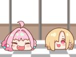  2girls :d blush_stickers chibi fang hair_over_shoulder idolmaster idolmaster_cinderella_girls looking_at_viewer medium_hair multiple_girls pink_hair red_eyes shirasaka_koume smile takato_kurosuke yukkuri_shiteitte_ne yumemi_riamu 