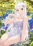  1girl :o absurdres arm_support bare_arms blush dress dress_tug flower frilled_dress frills green_eyes hair_ornament hairclip highres long_hair looking_at_viewer na_kyo nature original outdoors parted_lips sitting solo spaghetti_strap sundress thighs tree water white_dress white_hair 