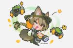  1girl ;d arknights beanstalk_(arknights) black_footwear black_overalls blush braid brown_hair chibi commentary crab daba_(0dbdbx) fang flower gloves green_hair green_ribbon hair_flower hair_ornament hair_ribbon hyena_ears hyena_girl hyena_tail index_finger_raised long_hair metal_crab_(arknights) multicolored_hair one_eye_closed open_mouth orange_gloves orange_legwear overalls red_eyes ribbon shirt simple_background smile socks solo star_(symbol) streaked_hair symbol-only_commentary twitter_username white_background white_shirt yellow_flower 