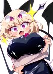  1girl absurdres animal_ears arms_under_breasts bat_ears bat_wings black_dress blonde_hair blush breasts crossed_arms debby_the_corsifa debby_the_corsifa_wa_makezugirai debyi_za_korushifa_wa_makezugirai demon_tail demon_wings dress elbow_gloves extra_eyes fang fingerless_gloves flower flower_neckwear from_below gloves highres large_breasts looking_at_viewer open_mouth purple_eyes red_eyes red_flower red_rose rose shinsou_komachi short_hair simple_background skin_fang solo tail v-shaped_eyebrows white_background wings 