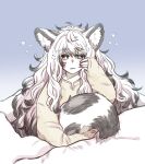  1girl animal_ear_fluff animal_ears arknights blue_background bokiboki333 grey_eyes highres hugging_own_tail long_hair long_sleeves looking_at_viewer messy_hair pramanix_(arknights) simple_background sleep_bubble solo sweater tail tail_hug under_covers upper_body waking_up wavy_hair white_hair wiping_face yellow_sweater 
