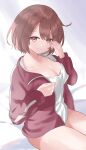  1girl blush bottomless breasts brown_hair cleavage hair_over_one_eye highres hoshino_miyako_(wataten) jacket large_breasts long_sleeves looking_at_viewer m00000st18 morning red_jacket shirt short_hair simple_background smile solo track_jacket track_suit waking_up watashi_ni_tenshi_ga_maiorita! white_background white_shirt 