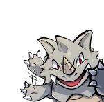  2018 3_fingers ambiguous_gender claws digital_media_(artwork) digital_painting_(artwork) fingers gesture grey_body hi_res horn motion_lines nintendo open_mouth pok&eacute;mon pok&eacute;mon_(species) red_eyes rhydon scalie simple_background solo teeth thumpleweed video_games waving 