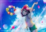  1girl arm_up armpits bangs blue_eyes cloud comfey day falling_petals floral_print framed from_side green_shorts hanenbo hat highres looking_at_viewer open_mouth outdoors petals pokemon pokemon_(creature) pokemon_(game) pokemon_sm red_headwear selene_(pokemon) shirt short_sleeves shorts sky solo standing stretch symbol-only_commentary tied_shirt 