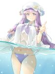  1girl arnest bangs bikini blue_bow blunt_bangs bow bun_cover collared_dress double_bun dress hair_bow hair_bun hat hat_bow highres long_hair long_sleeves mob_cap navel neck_ribbon patchouli_knowledge purple_bikini purple_eyes purple_hair purple_ribbon red_bow ribbon see-through simple_background solo swimsuit thighs touhou very_long_hair water wet wet_clothes white_background white_dress white_headwear 