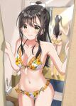  1girl back bangs bikini blush bow breasts brown_hair cleavage closed_mouth collarbone cowboy_shot curtains dressing_room embarrassed floral_print frilled_bikini frills hair_bow hair_over_breasts highres hominotsu long_hair looking_at_viewer medium_breasts mirror navel original ponytail reflection solo standing swimsuit yellow_eyes 