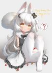  1girl :3 ? absurdres animal_ear_fluff animal_ears bangs black_bow black_bowtie black_dress blush bow bowtie braid cat_ears cat_girl cat_hair_ornament cat_tail closed_mouth convenient_leg dress feet food foot_up frilled_dress frills fruit full_body grey_background hair_between_eyes hair_ornament happy_birthday highres karv knees_up long_hair looking_at_viewer original pantyhose sidelocks simple_background sitting sleeveless sleeveless_dress soles solo spoken_question_mark strawberry tail tail_raised very_long_hair whipped_cream white_dress white_hair white_legwear yellow_eyes 