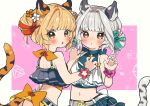  2girls :o alternate_costume alternate_hairstyle animal_ears bai_(granblue_fantasy) bangs bare_shoulders belt bikini blonde_hair blush breasts brown_eyes cidala_(granblue_fantasy) claw_pose double_bun frilled_bikini frills granblue_fantasy grey_hair hair_bun hair_intakes hand_on_another&#039;s_shoulder huang_(granblue_fantasy) looking_at_viewer multiple_girls navel open_mouth osakana_(rrg0123) raised_eyebrows scrunchie short_hair small_breasts swimsuit tail tiger_ears tiger_girl tiger_tail upper_body v-shaped_eyebrows wrist_scrunchie yellow_eyes 