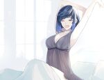  1girl armpits arms_up bangs bare_arms blanket blue_hair blush bob_cut breasts cleavage collarbone diagonal_bangs dress drop_shadow genshin_impact green_eyes halter_dress halterneck knee_up large_breasts messy_hair mole mole_on_breast nightgown on_bed one_eye_closed open_mouth pillow see-through short_hair sidelocks sitting sleepwear sleeveless solo stretch tarou_(you-0512) under_covers upper_body waking_up white_background window_shade yawning yelan_(genshin_impact) 
