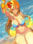  1girl arm_up armpits barefoot bikini breasts cleavage drink flower food fruit grin hair_flower hair_ornament holding holding_drink large_breasts long_hair looking_at_viewer mandarin_orange midriff nami_(one_piece) navel ocean one_piece orange_eyes orange_hair outstretched_arm runa_(artist) sand seiza shoulder_tattoo sitting smile solo stomach swimsuit tan tanlines tattoo 