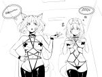  2girls animal_ears arknights bangs breasts cat_ears cat_girl cat_tail cowboy_shot cross_pasties floppy_ears flying_sweatdrops goldenglow_(arknights) greyscale hairband hand_up highres kal&#039;tsit_(arknights) lightning_bolt_print long_hair lownd medium_hair monochrome multiple_girls navel panties pasties shibari short_hair sketch speech_bubble spoken_blush sweat tail thighhighs thought_bubble underwear unfinished unfinished_background 