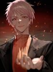  1boy atou_haruki black_jacket blood blood_on_clothes blurry cocacell commentary_request grin highres jacket korean_commentary lapel light_particles male_focus open_clothes open_jacket open_mouth orange_sweater outstretched_arm pink_hair ribbed_sweater saibou_shinkyoku short_hair smile solo spoilers suit_jacket sweater turtleneck turtleneck_sweater 