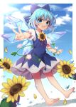  1girl absurdres ahoge arms_up bangs barefoot blue_bow blue_dress blue_eyes blue_hair blue_sky blurry border bow cirno cloud cloudy_sky collared_shirt dress eyes_visible_through_hair flower flying hair_between_eyes hands_up highres ice ice_wings leaf looking_at_viewer open_mouth outside_border petals pink_flower puffy_short_sleeves puffy_sleeves ruhika shirt short_sleeves sky smile solo sunflower tan tanned_cirno touhou v white_border white_shirt wings yellow_flower 