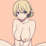  1girl bangs blonde_hair blue_eyes braid breasts closed_mouth darjeeling_(girls_und_panzer) girls_und_panzer highres large_breasts looking_at_viewer nipples nude onsen_tamago_(hs_egg) orange_background short_hair simple_background sitting solo upper_body v_arms 