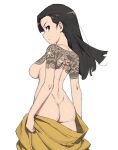  ass back_tattoo black_eyes black_hair breasts chi-hatan_military_uniform closed_mouth cowboy_shot from_behind girls_und_panzer highres japanese_clothes long_hair looking_at_viewer medium_breasts nishi_kinuyo nude onsen_tamago_(hs_egg) shoulder_tattoo simple_background standing tattoo undressing white_background 