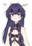  1girl ? alternate_costume bangs bare_shoulders breasts china_dress chinese_clothes cleavage closed_mouth dress earrings hair_ornament highres honkai_(series) honkai_impact_3rd horns jewelry long_hair looking_at_viewer purple_dress purple_eyes purple_hair qian_xii raiden_mei raiden_mei_(herrscher_of_thunder) simple_background single_earring sleeveless sleeveless_dress smile solo white_background 