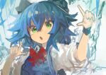  1girl absurdres armband blue_bow blue_eyes blue_hair blue_vest bow bowtie cirno commentary finger_frame green_eyes hair_bow highres kaamin_(mariarose753) looking_at_viewer medium_hair open_mouth puffy_short_sleeves puffy_sleeves red_bow shirt short_sleeves sketch solo touhou upper_body vest white_shirt 