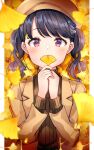  1girl autumn autumn_leaves beret black_hair commentary_request falling_leaves flower fukumaru_koito ginkgo ginkgo_leaf hair_flower hair_ornament hat highres holding holding_leaf idolmaster idolmaster_shiny_colors leaf long_sleeves looking_at_viewer purple_eyes shiitake_taishi solo sweater turtleneck turtleneck_sweater twintails 