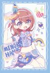  1girl :d absurdres arm_at_side back_bow bangs blue_border blue_bow blue_outline blue_shorts blush_stickers border bow bow_hairband braid breasts brown_hair buttons chabashira character_name cloud_print collared_crop_top colorful crop_top dot_nose drawn_wings feet_out_of_frame frilled_shirt_collar frilled_shorts frilled_sleeves frills grey_eyes hair_behind_ear hair_ornament hairband hairclip hanasato_minori hand_up happy heart heart_hair_ornament highres light_blush lightning_bolt_symbol looking_at_viewer medium_hair midriff multicolored_bow navel neck_ribbon open_mouth outline pastel_colors plaid plaid_collar plaid_shorts planetary_ring project_sekai rainbow rainbow_print ribbon salute short_sleeves shorts simple_background small_breasts smile solo sparkle striped striped_bow swept_bangs tareme two-tone_bow white_background white_bow white_ribbon white_sleeves 