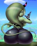  absurd_res anthro big_butt blindstash breasts butt female green_body green_hair hair hi_res horn huge_butt humanoid looking_at_viewer looking_back not_furry pink_fingernails rear_view sega sitting solo sonic_the_hedgehog_(series) the_deadly_six wide_hips zeena 
