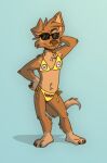  anthro bikini blue_background brown_body brown_fur brown_nose canid canine canis claws clothed clothing crossdressing cyan_background despicable_me domestic_dog eyewear fur hi_res illumination_entertainment male mammal matt_riskely minion_(despicable_me) shadow simple_background smile solo sunglasses swimwear swimwear_only tinydeerguy yellow_bikini yellow_clothing yellow_swimwear 