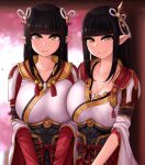  2girls absurdres bangs black_hair blunt_bangs blurry blurry_background breast_press breasts cleavage english_commentary eyeliner hair_ornament hakama highres hinoa japanese_clothes large_breasts long_hair looking_at_viewer makeup minoto monster_hunter_(series) monster_hunter_rise multiple_girls pointy_ears siblings sisters smile the_only_shoe twins upper_body yellow_eyes 