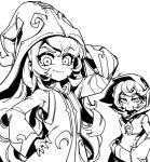  2girls alternate_ears alternate_earwear arm_up bangs breasts closed_mouth dress freckles grey_background greyscale hand_on_hip hat hood hood_up hoodie humanization league_of_legends long_hair long_sleeves looking_at_viewer lulu_(league_of_legends) monochrome multiple_girls phantom_ix_row short_hair simple_background small_breasts smile swept_bangs vex_(league_of_legends) wide_sleeves witch_hat 