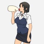  1girl black_eyes black_hair black_skirt blue_vest bottle breasts drinking highres holding holding_bottle medium_breasts miniskirt onsen_tamago_(hs_egg) pencil_skirt shirafuji_kyouko shirt short_hair short_sleeves simple_background skirt solo standing vest white_background white_shirt working!! 