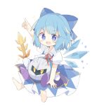  1boy 1girl :d armor bangs blue_bow blue_dress blue_eyes blue_hair bow chibi cirno collared_shirt detached_wings diamond_(shape) dress feet galaxia_(sword) gloves hair_ornament hand_up highres kirby_(series) looking_at_viewer mask meta_knight multicolored_hair nanagi pointing pointing_up purple_footwear red_ribbon ribbon shirt short_hair shoulder_armor simple_background smile solo sparkle sparkling_eyes streaked_hair sword touhou weapon white_background white_gloves white_shirt wings yellow_eyes 