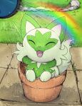  2022 ambiguous_gender digital_media_(artwork) eyes_closed fangs feral fur grass hi_res nintendo open_mouth open_smile otakuap outside pink_nose plant plant_pot pok&eacute;mon pok&eacute;mon_(species) rainbow smile solo sprigatito video_games water 