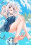  1girl 1other absurdres animal_ear_fluff animal_ears aqua_nails armpits bangs bare_legs barefoot blue_dress blue_eyes blue_hair blue_sky blunt_bangs blush breasts cat_ears commentary_request dress eyelashes feet fish_tail foreshortening full_body gawr_gura hands_up highres hololive hololive_english legs long_hair looking_at_viewer multicolored_hair nail_polish official_alternate_costume open_mouth palm_tree paw_pose pulmo_(artist) shadow shark shark_girl shark_print shark_tail sharp_teeth shiny shiny_hair shiny_skin short_dress short_sleeves sidelocks sky small_breasts soles streaked_hair tail teeth thighs toenail_polish toenails toes tree upper_teeth virtual_youtuber water white_hair 