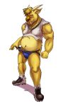  absurd_res anthro belly cervid cervine cleats clothing clothing_pull coach crop_top dj_strap fangs footwear fur galloroster hi_res horn jockstrap jockstrap_pull male mammal midriff muntjac shirt socks solo topwear underwear underwear_pull whistle_(object) yellow_body yellow_fur 