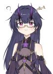  1girl ? bangs bare_shoulders breasts china_dress chinese_clothes cleavage closed_mouth dress earrings glasses hair_ornament highres honkai_(series) honkai_impact_3rd horns jewelry long_hair looking_at_viewer purple_dress purple_eyes purple_hair purple_sleeves qian_xii raiden_mei raiden_mei_(herrscher_of_thunder) simple_background single_earring sleeveless sleeveless_dress smile solo white_background 