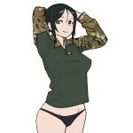  1girl black_hair black_panties breasts camouflage camouflage_shirt chouno_ami closed_mouth covered_nipples cowboy_shot girls_und_panzer green_shirt grey_eyes hands_on_own_head highres large_breasts looking_at_viewer medium_hair onsen_tamago_(hs_egg) panties shirt simple_background smile solo underwear white_background 