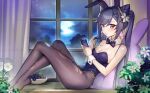  1girl animal_ears breasts cleavage fake_animal_ears food fruit genshin_impact grapes holding holding_phone keqing_(genshin_impact) long_hair looking_at_viewer open_mouth parted_lips phone playboy_bunny purple_eyes purple_hair siriuflong solo twintails very_long_hair window 