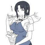  1girl 1other black_hair breast_grab breasts eating food food_on_face grabbing greyscale groping highres holding holding_food holding_spoon ice_cream medium_breasts monochrome onsen_tamago_(hs_egg) shirafuji_kyouko shirt short_hair short_sleeves simple_background spoon sundae upper_body vest white_background working!! 