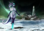  anthro black_body blue_eyes breasts digital_media_(artwork) featureless_breasts featureless_crotch female fingers hi_res ice lighthouse navel nude outside rasha shalinka sky snow solo solo_focus unknown_species white_body 