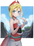  1girl blonde_hair blue_eyes blush border bracelet closed_mouth cloud collar commentary_request day eyelashes hairband highres hot irida_(pokemon) jewelry looking_at_viewer outdoors outside_border pokemon pokemon_(game) pokemon_legends:_arceus red_hairband sash shirt short_hair shorts sky solo strapless strapless_shirt sweat taruto_(takug0812) waist_cape wavy_mouth white_border 