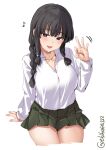  1girl bangs bare_legs black_hair blunt_bangs blush braid breasts brown_eyes collarbone collared_shirt ebifurya fellatio_gesture green_skirt hair_over_shoulder highres kantai_collection kitakami_(kancolle) long_hair looking_at_viewer medium_breasts music one-hour_drawing_challenge open_mouth school_uniform sexually_suggestive shirt simple_background singing single_braid sitting skirt smile solo twitter_username white_background white_shirt 