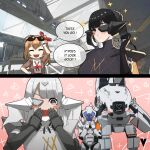  1other 3girls bangs black_dress black_hair blunt_bangs blush closed_mouth doppelsoldner_(girls&#039;_frontline) dress embarrassed english_commentary english_text eyewear_on_head girls&#039;_frontline gloves hair_between_eyes hair_ornament hair_ribbon headgear heart heart-shaped_eyes highres indoors kalina_(girls&#039;_frontline) long_hair looking_at_viewer mecha multiple_girls nyto_(girls&#039;_frontline) nyto_adeline_(girls&#039;_frontline) nyto_alina_(girls&#039;_frontline) open_mouth orange_hair paradeus power_armor ribbon robot shirt smile speech_bubble strelet_(girls&#039;_frontline) sunglasses upper_body variasii weapon white_gloves white_hair white_shirt 