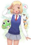  1girl angol_mois blonde_hair blush breasts dark-skinned_female dark_skin hair_ornament keroro keroro_gunsou kururu_(keroro_gunsou) looking_at_viewer nakamura_hinato open_mouth school_uniform short_hair skirt smile tamama 