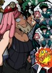  1boy 1girl absurdres bodysuit boku_no_hero_academia breasts cleavage freckles gloves goggles goggles_on_head green_bodysuit green_eyes green_hair hatsume_mei highres imminent_rape large_breasts mark_gavatino medium_hair midoriya_izuku pink_hair short_hair smile symbol-shaped_pupils tank_top white_gloves yellow_eyes 