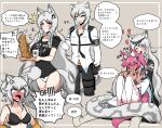  1boy 3girls :d ^_^ absurdres anger_vein animal_ear_fluff animal_ears arknights black_bra black_cape black_gloves black_pants black_shirt blue_jacket blush bra braid breasts brother_and_sister cameltoe cape cleavage cliffheart_(arknights) closed_eyes collared_shirt cookie cup fang fangs food fox_ears fox_girl fox_tail full-face_blush gloves grey_background grey_hair hair_between_eyes hair_ornament hair_ribbon headpat heart highres holding holding_stuffed_toy holding_tray jacket kjerag_logo knees_up leopard_boy leopard_ears leopard_girl leopard_tail long_hair manggapaegtoli medium_breasts medium_hair morte_(arknights) mug multiple_girls open_clothes open_jacket open_mouth orange_jacket panties pants pantyhose petting pink_eyes pink_hair pink_ribbon ponytail pramanix_(arknights) ribbon shamare_(arknights) shirt short_sleeves short_twintails shouting siblings side_braids silverash_(arknights) simple_background sisters sitting skull_hair_ornament smile speech_bubble stuffed_toy sweat t-shirt tail tearing_up tiara translated tray twintails two-sided_fabric two-sided_jacket underwear v-shaped_eyebrows very_long_hair white_legwear white_panties white_shirt 